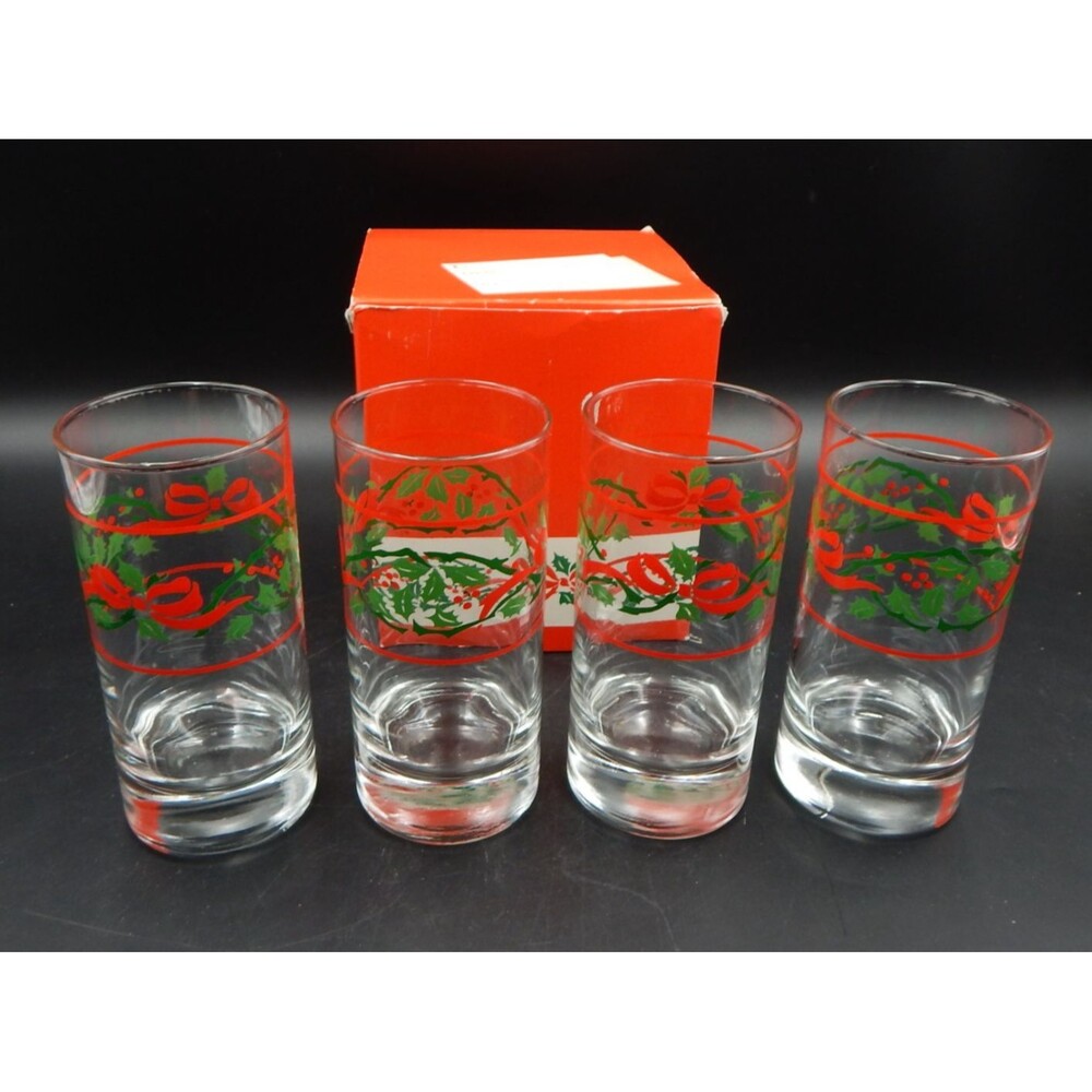 Durobor Belgium Christmas Holly Berry Holiday Highball Drinking Glasses S/4 Box
